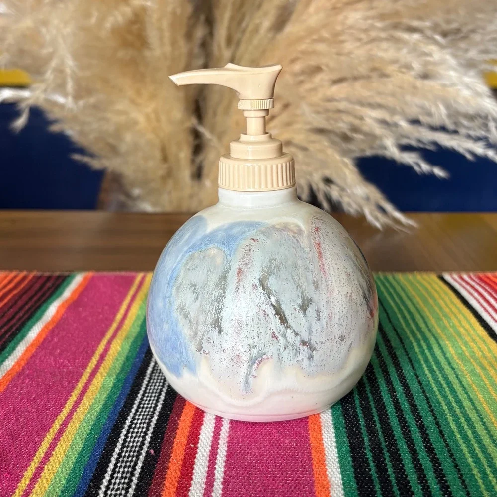 Handmade Studio Pottery Soap Dispenser Set Drip Glaze Stoneware Boho Decor 2pc